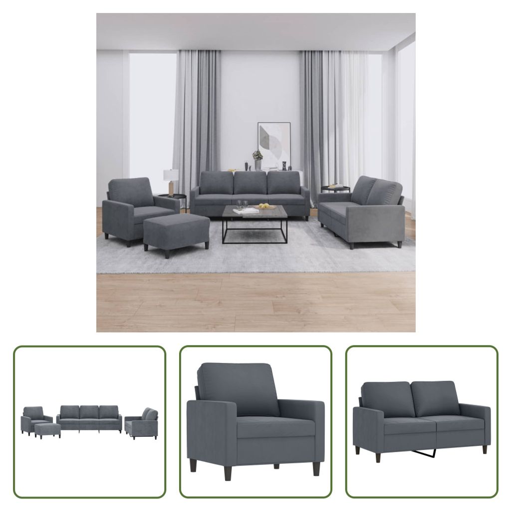 The Living Store 4-tlg. Sofagarnitur mit Kissen Dunkelgrau Samt