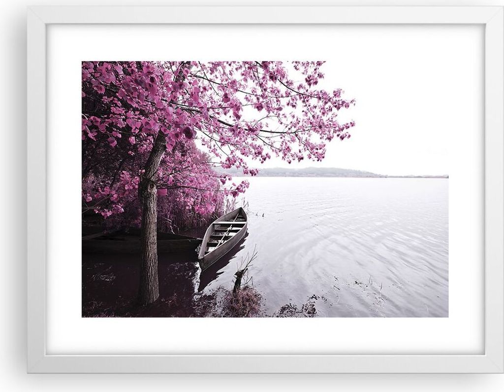 Gerahmtes Poster - Weißer Rahmen - See Rosa Bäume - 40x30 cm - Wand Bild - Wanddeko - Wandbilder - Kunstposter - Wandposter - Bilderrahmen - Bild...