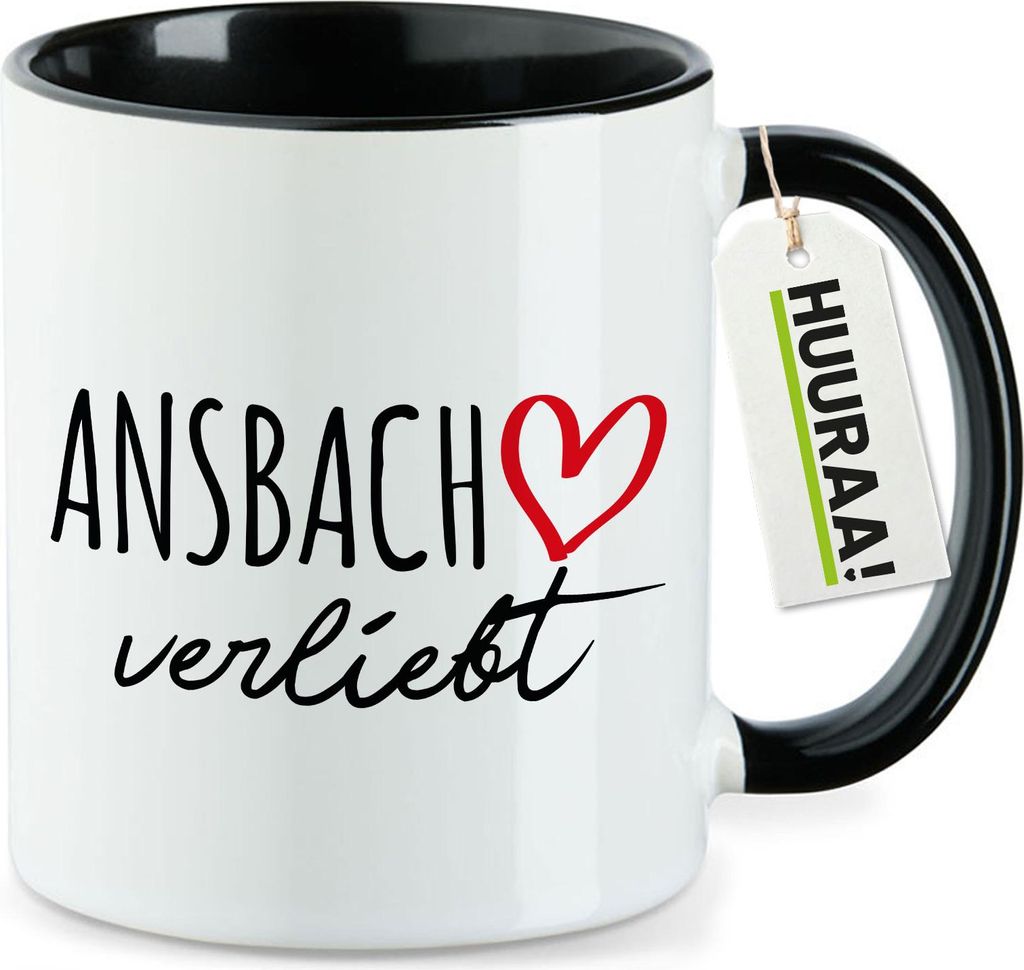 Huuraa Kaffeetasse Ansbach verliebt 330ml Schwarz Keramik Kaffeebecher Geschenkidee
