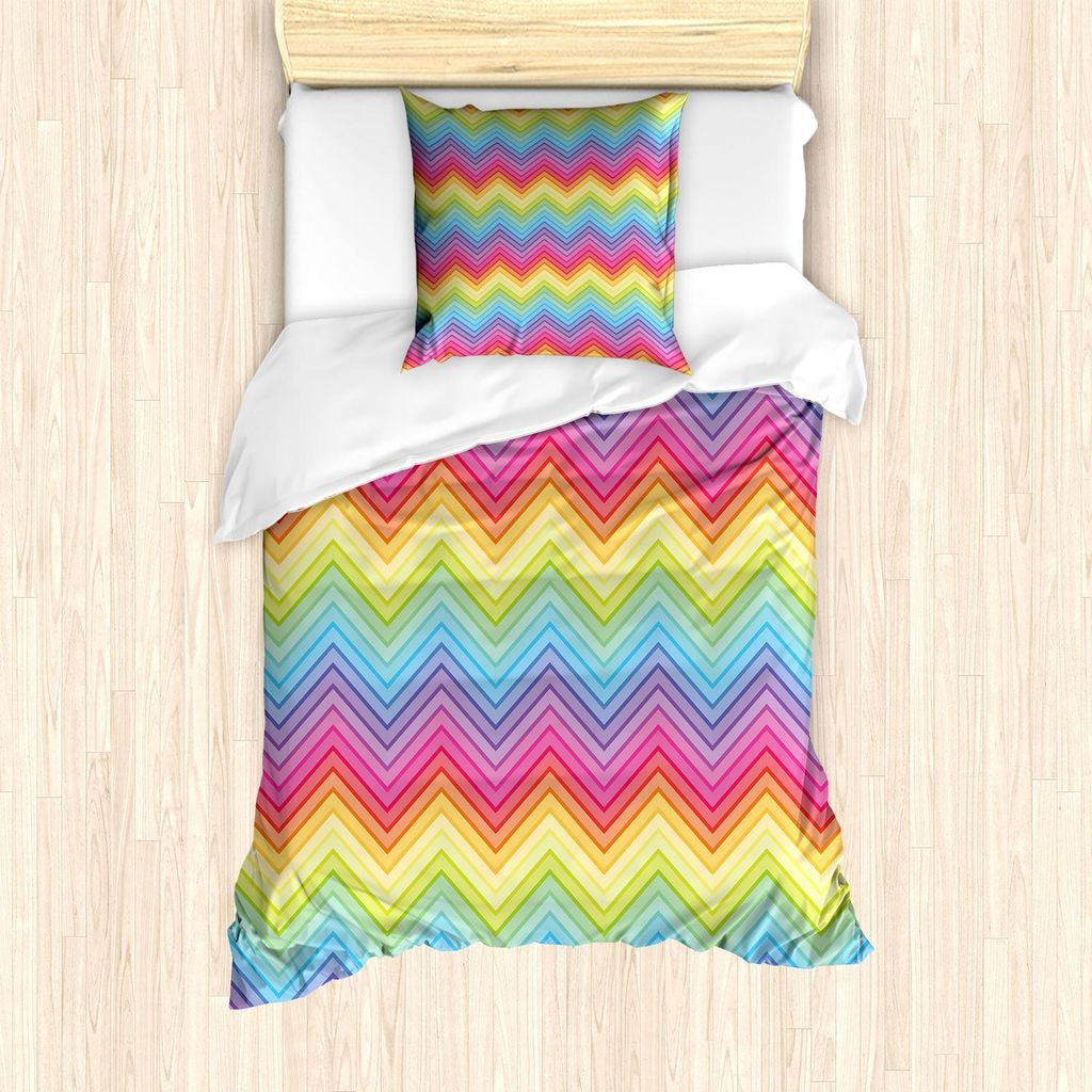 ABAKUHAUS Regenbogen Bettbezug Set, Bunter Zickzack-Zickzack Muster-geometrische moderne scharfe Entwurfs-Fantasie-Illustration, 135 x 200 cm + 80 ...