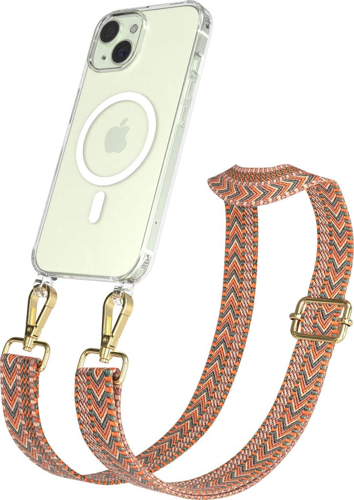 EAZY CASE - Handykette mit MagSafe Hülle für Apple iPhone 15, Handyband ZigZag Style,Karabiner Gold, Umhängeband in Orange