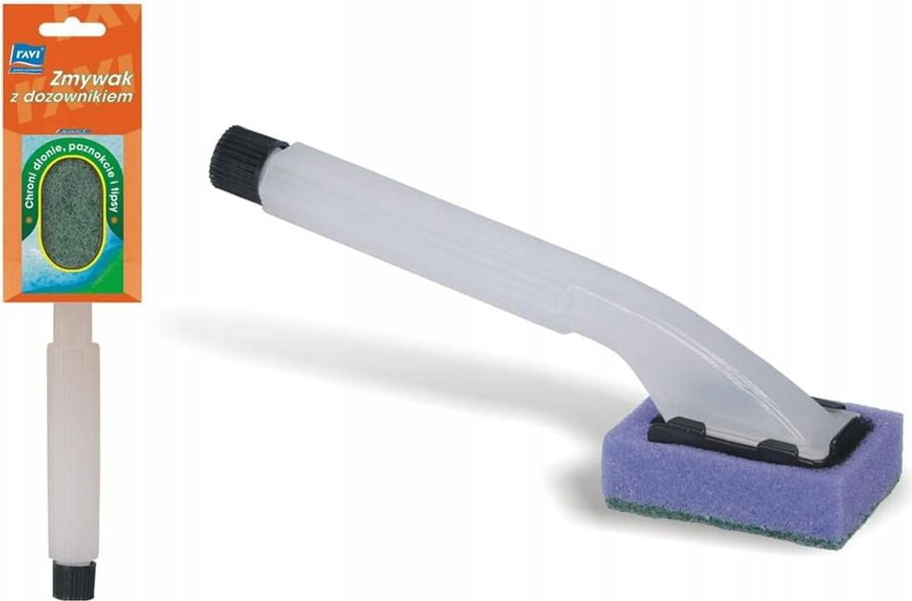 A sponge with a dispenser and handle for washing dishes, shown with its packaging.
