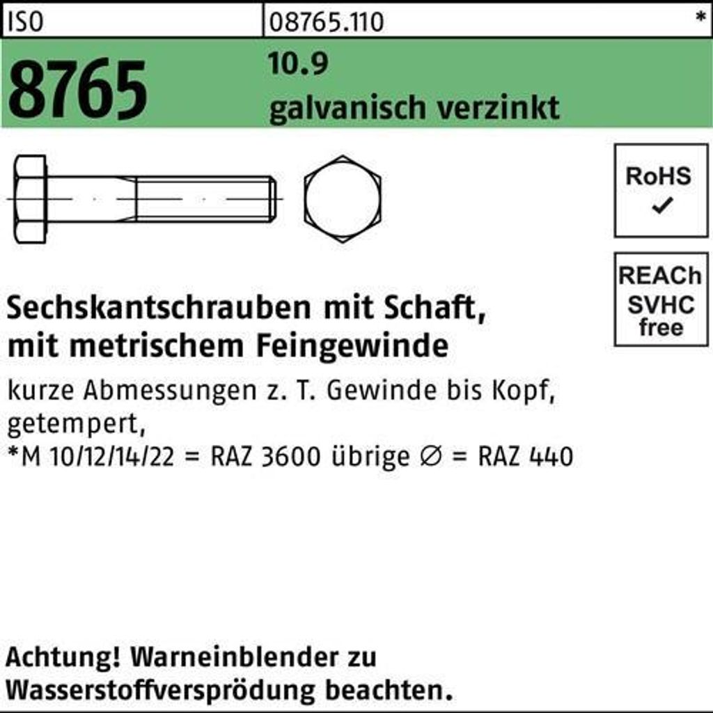 Reyher Sechskantschrauben ISO 8765 10.9 M 20x1,5x100 vz (25 Stück)