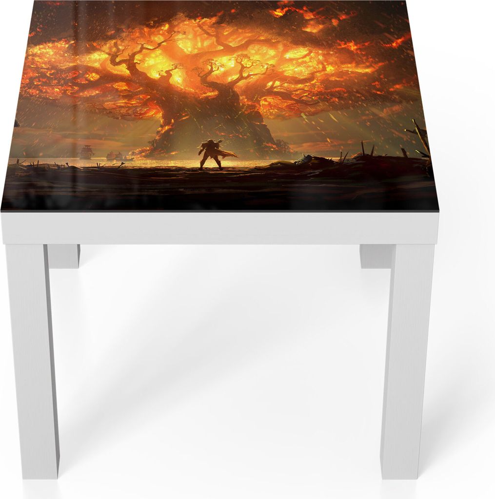 DEQORI Couchtisch 55x55 cm Weiß 'Brennender Weltenbaum WoW' Glas Beistelltisch
