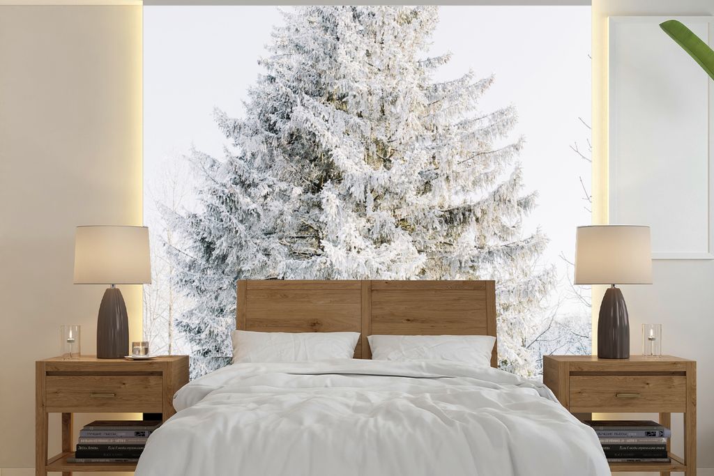 MuchoWow Fototapete für Wohnzimmer oder Schlafzimmer Wandtapete Vinyl Motivtapete Winter - Baum - Schnee - Kiefer - Weiß - 280x280 cm - Hinterg...