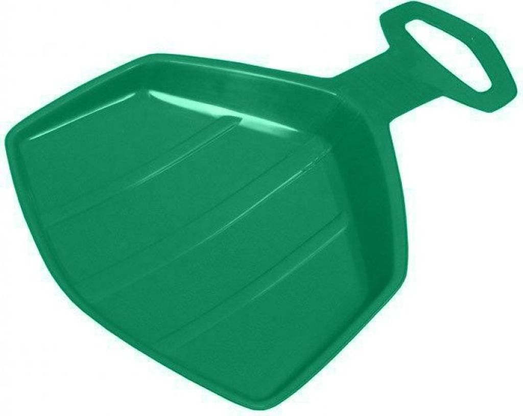 A green plastic snow sled with a handle.