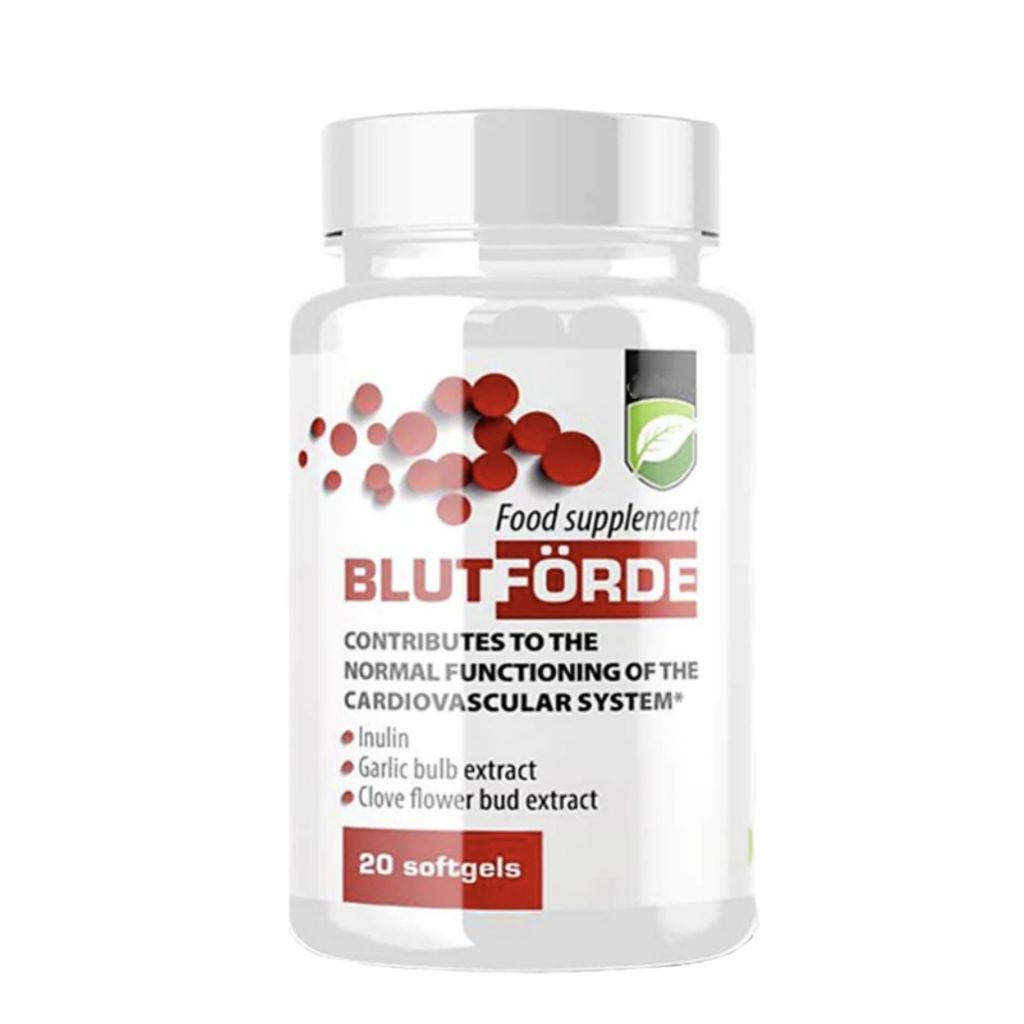 A product shot of a bottle of Blutforde softgels against a white background.