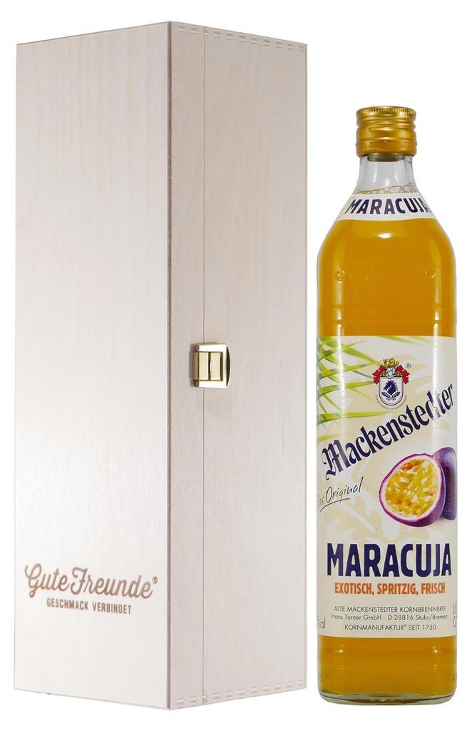 Mackenstedter Maracuja Likör mit Geschenk-Holzkiste