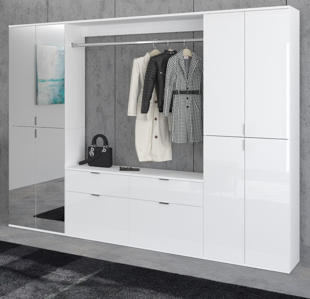 Garderobe SystemX in weiß Hochglanz Garderoben- und Schuhschrank mit Spiegeltür 243 x 193 cm