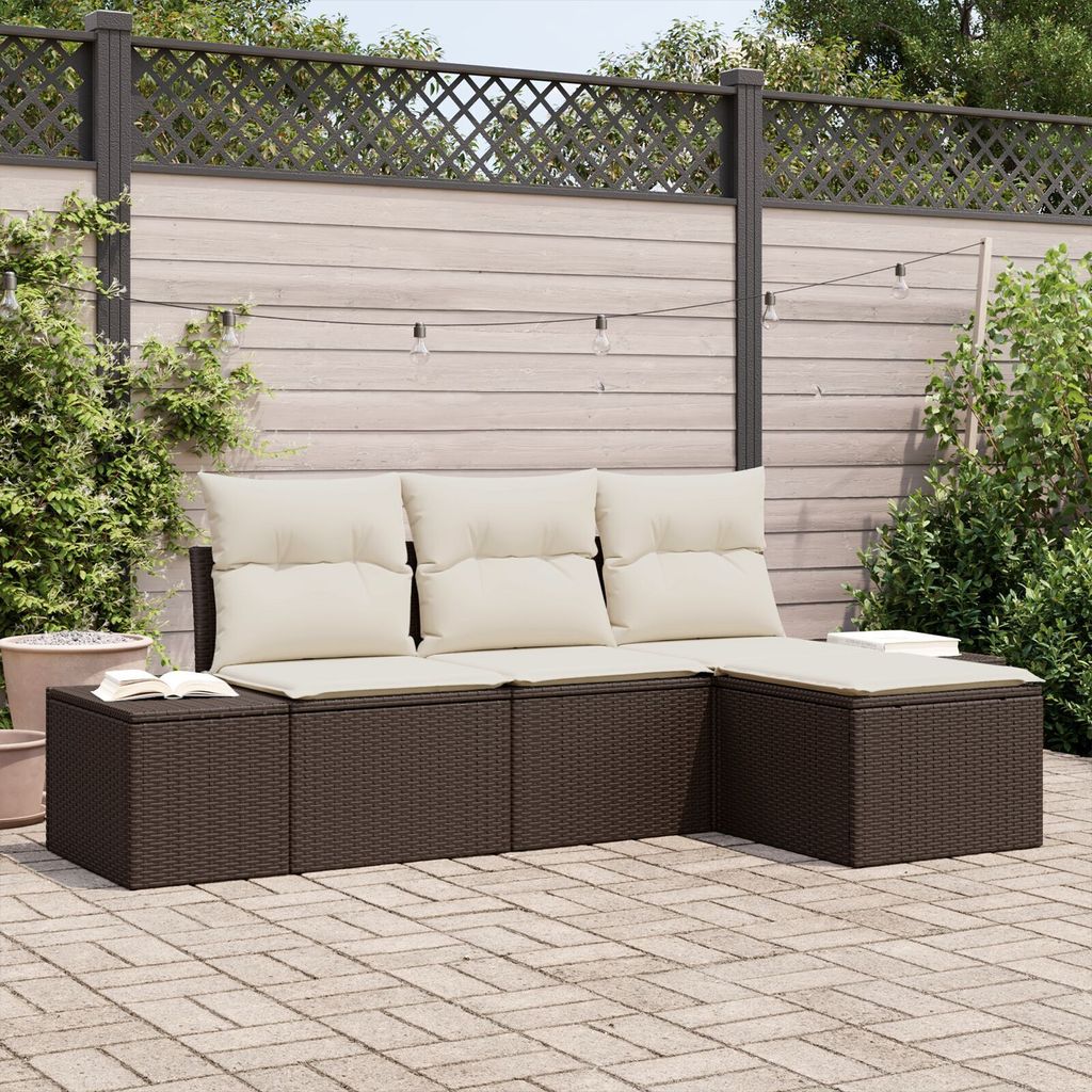 4-tlg. Garten-Sofagarnitur mit Kissen Braun Poly Rattan, Gartensofas DesignMöbel Neu