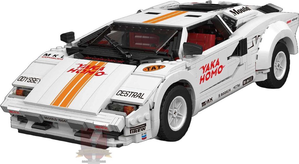 A white sports car model made of building blocks, displayed on a white background.