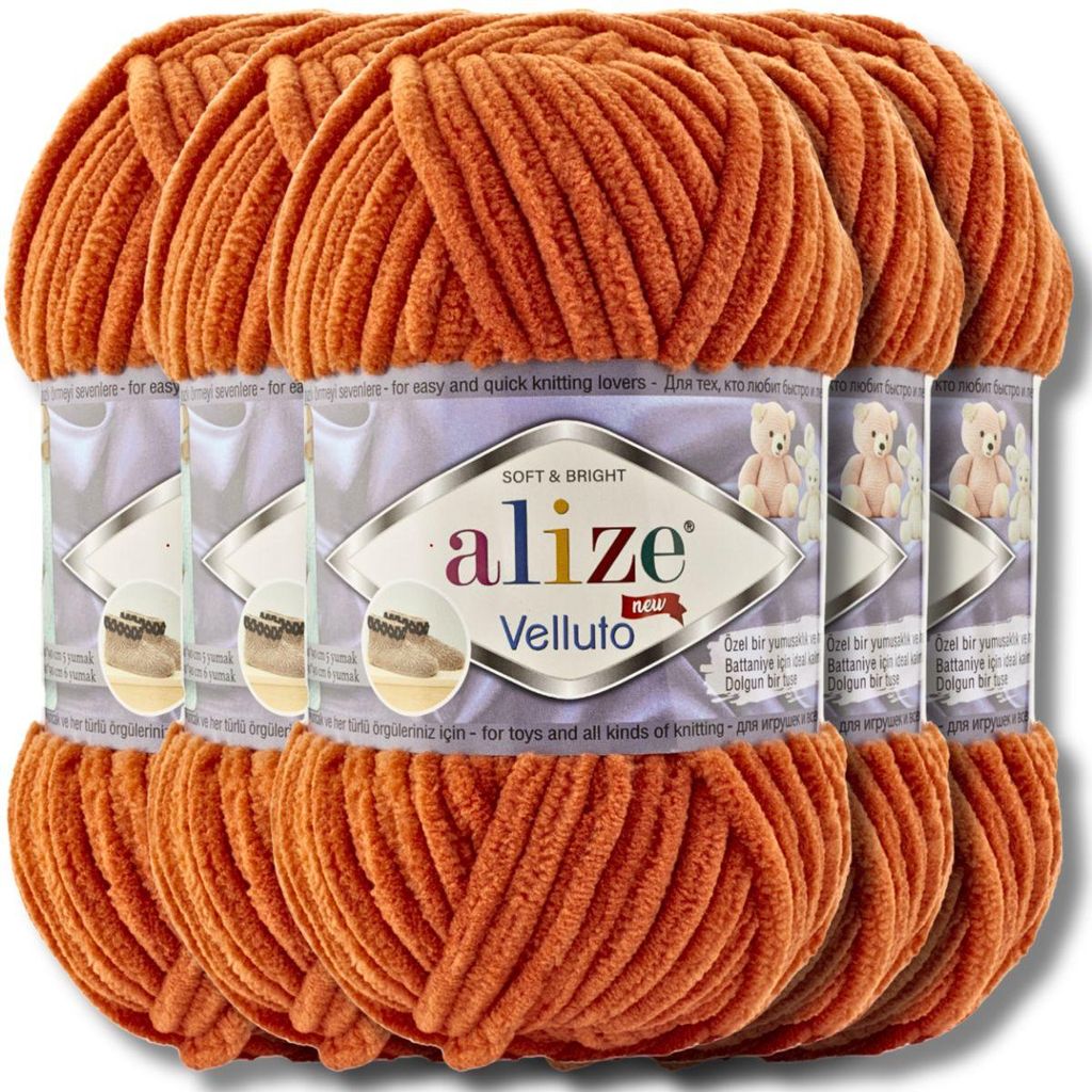 Alize 5x 100g Velluto dicke Wolle, Uni, Chenille, Häkeln, Stricken (Orange | 6)