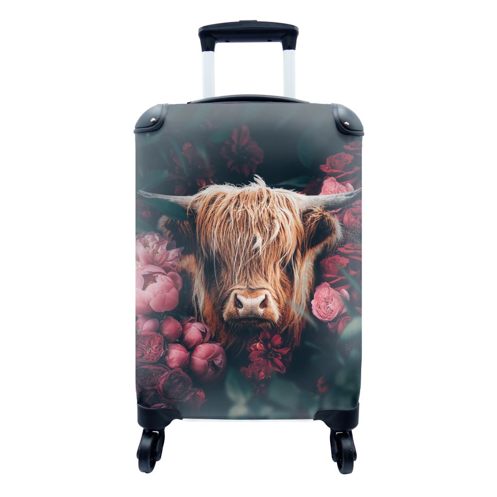 MuchoWow Koffer Handgepäck Trolley Rollkoffer Kleine Reisekoffer mit 4 Rollen - Kuh - Schottischer Highlander - Blumen - Botanisch - Cabin Size ...