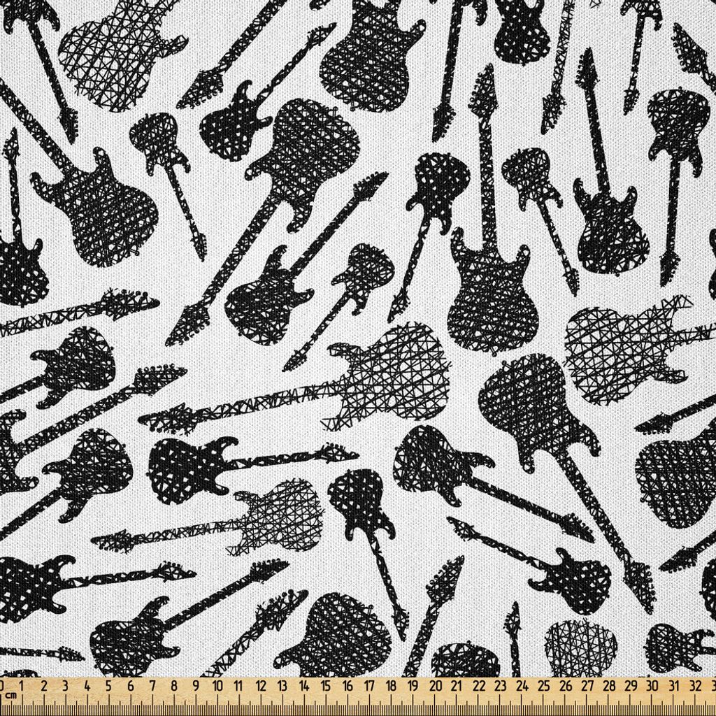 ABAKUHAUS Musik Microfaser Stoff als Meterware , Grunge Style Hand gezeichnete Art E-Gitarren Sketch Rock Pop Vibes Print, 3 M (230 x 300 cm), Schw...