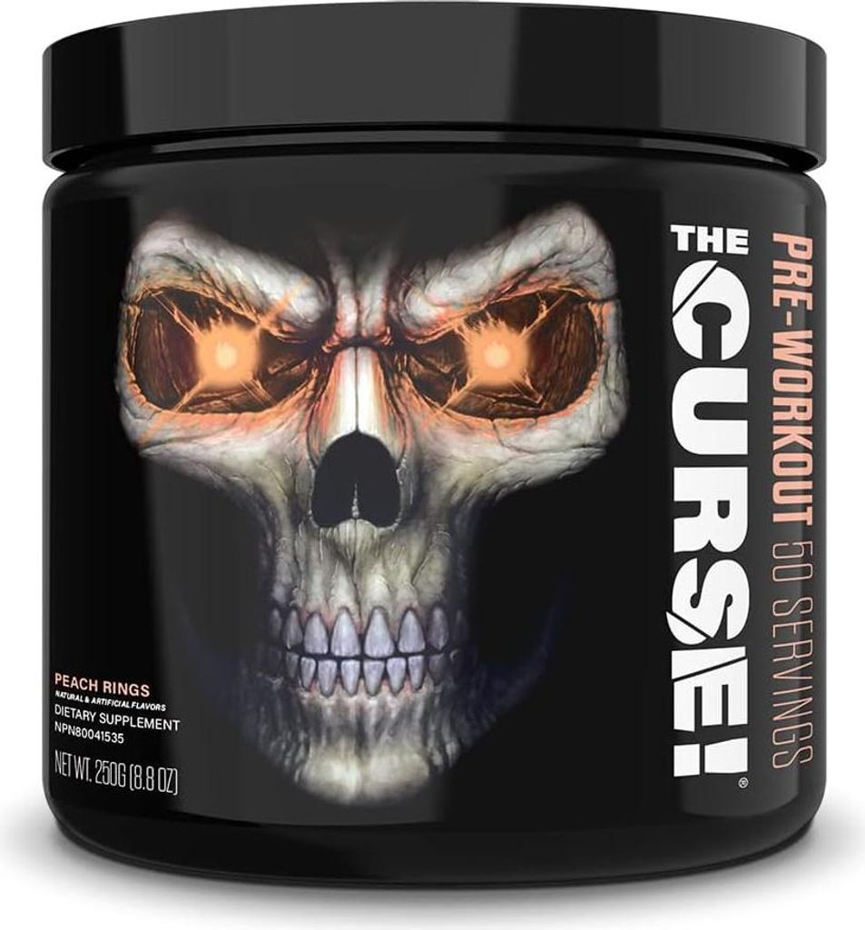 A black container of JNX Sports The Curse! pre-workout powder with a skull graphic.