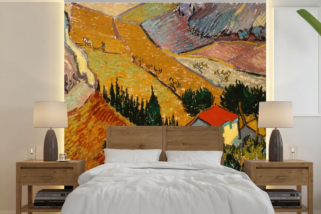 MuchoWow Fototapete für Wohnzimmer oder Schlafzimmer Wandtapete Vinyl Motivtapete Landschaft mit einem Haus und einem Ackerbauern - Vincent van ...
