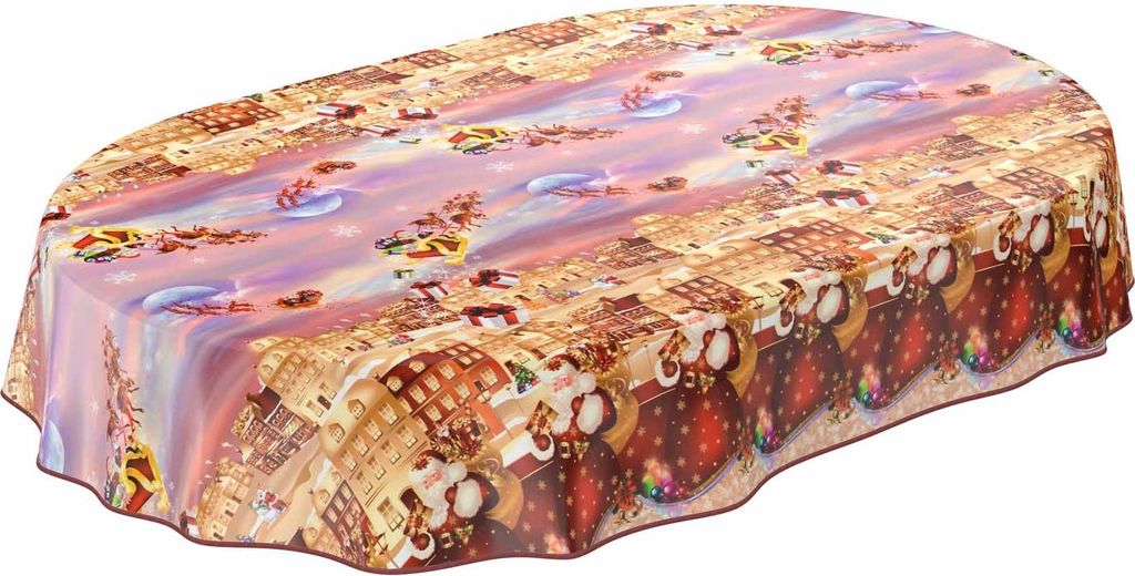 Tischdecke Wachstuch Weihnachten Rot Robust Wasserabweisend Oval Breite 140 cm Länge 240 cm