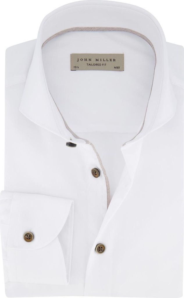 John Miller glattes weißes Hemd Cutaway brauner Knopf