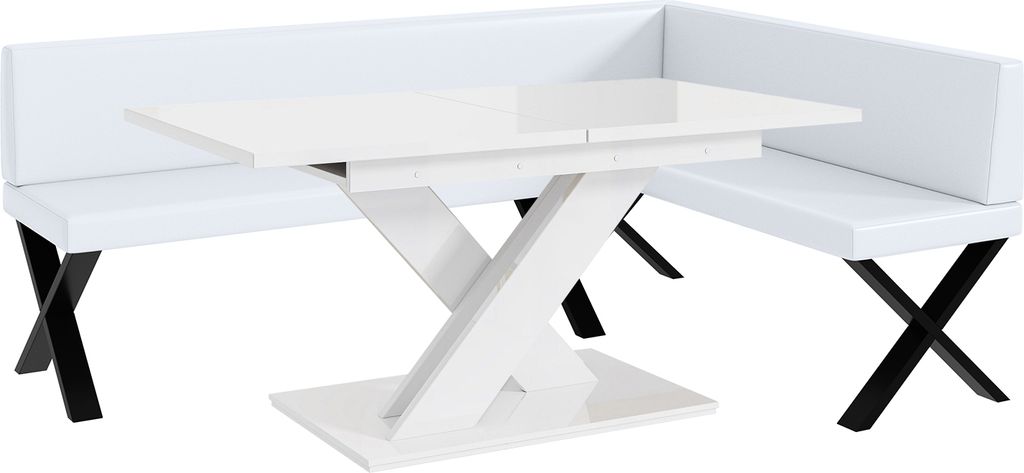 MEBLINI Eckbank für Esszimmer mit ausziehbarem Tisch - Küchenbank - Essecke - Sitzecke Küche - TONI - X-Beine 142x196x87cm Rechts - Weiß Kunst...