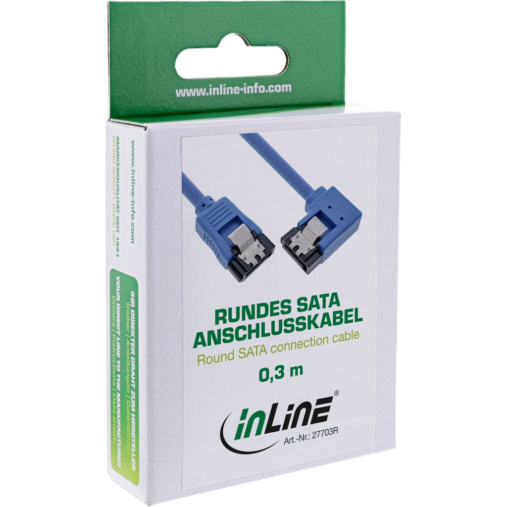 InLine SATA 6Gb/s Anschlusskabel rund, abgew. rechts, blau, mit Lasche, 0,3m, 0,3 m, Blau, 15 g, 85 mm, 130 mm, 28 mm