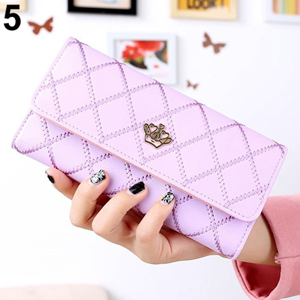 Damenmode Krone Rautenmuster Kunstleder Clutch Geldbörse Lange Geldbörse Gold