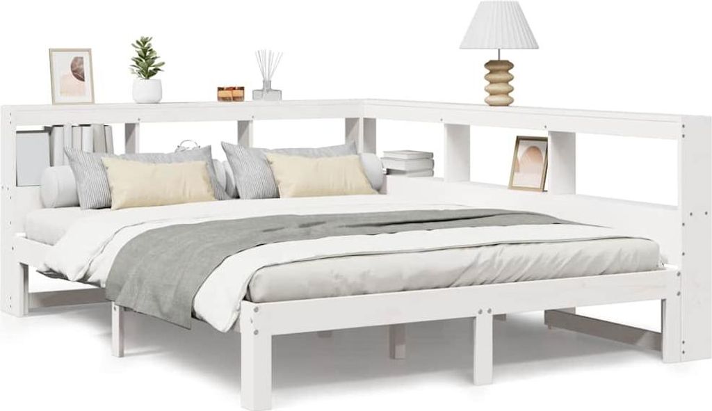vidaXL Lit en bois massif avec étagère sans matelas blanc Image du produit 