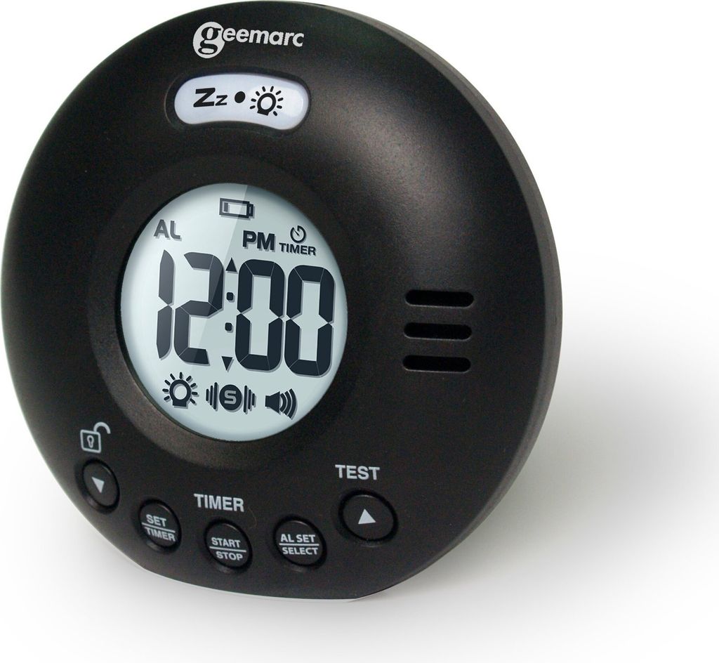 A black digital alarm clock with a digital display.