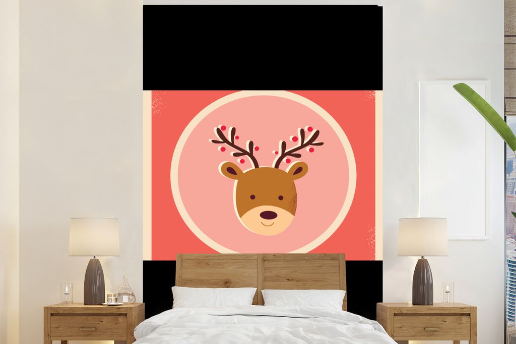 MuchoWow Fototapete für Wohnzimmer oder Schlafzimmer Wandtapete Vinyl Motivtapete Rentier - Zitate - Weihnachten - Frohe Weihnachten - Rot - Vin...