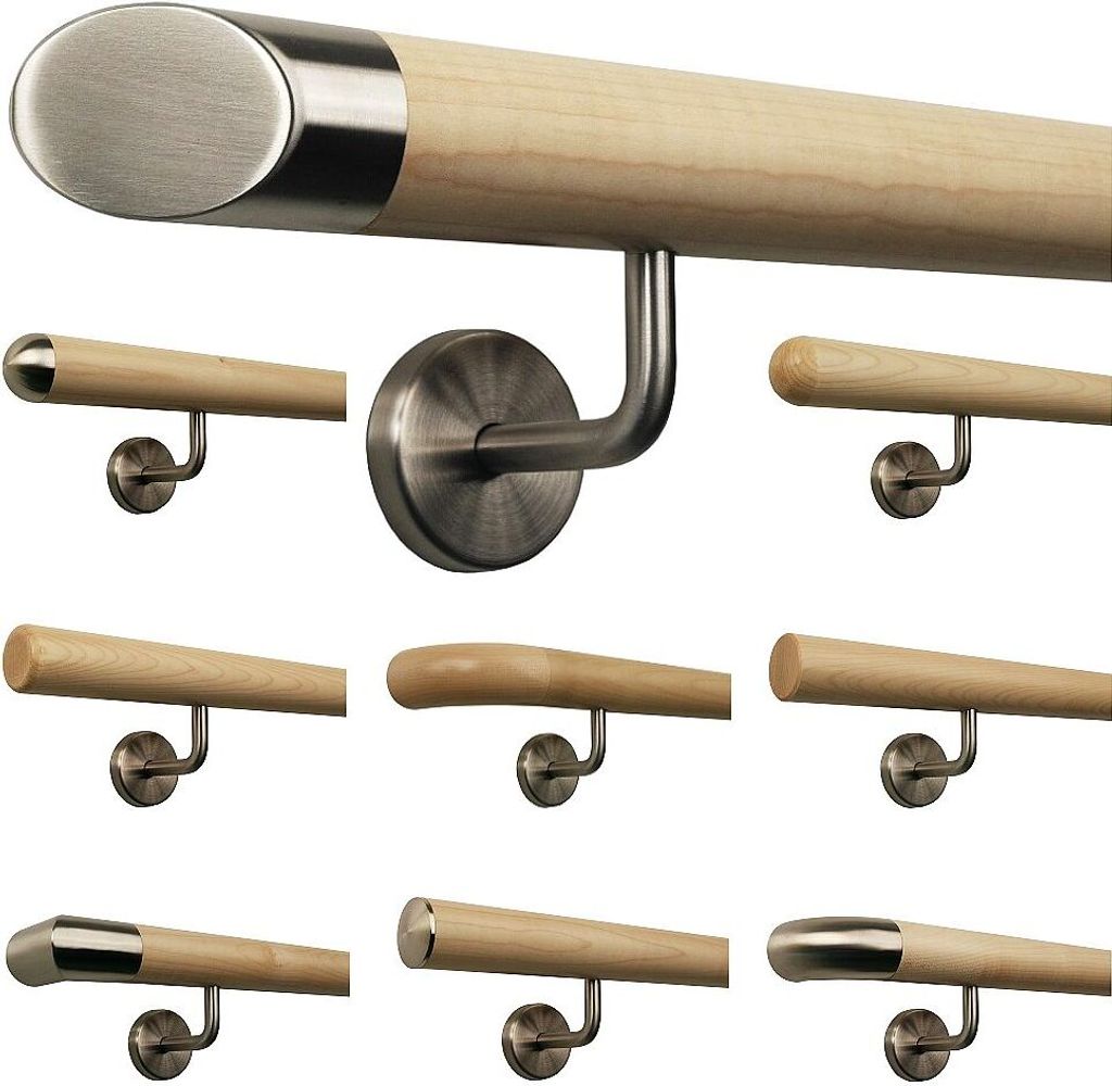 Ahorn Geländer Handlauf Treppe Holz Griff gewinkelt Edelstahlhalter, Länge 30 - 500 cm aus einem Stück / Variante:350 cm mit 5 Halter schräges ...