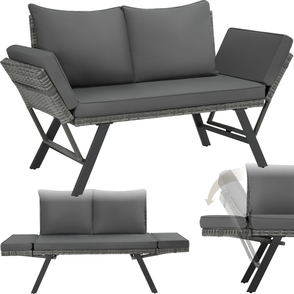 A 2-in-1 rattan-style outdoor sofa with adjustable armrests, shown in multiple configurations.