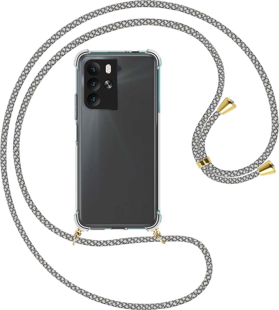 Handykette Backcover-Schutzhülle mit Band (Metall goldfarben) für HTC U23 Pro (2QC9200,-9100,-B100, 6.7'') - weiß/grau kariert