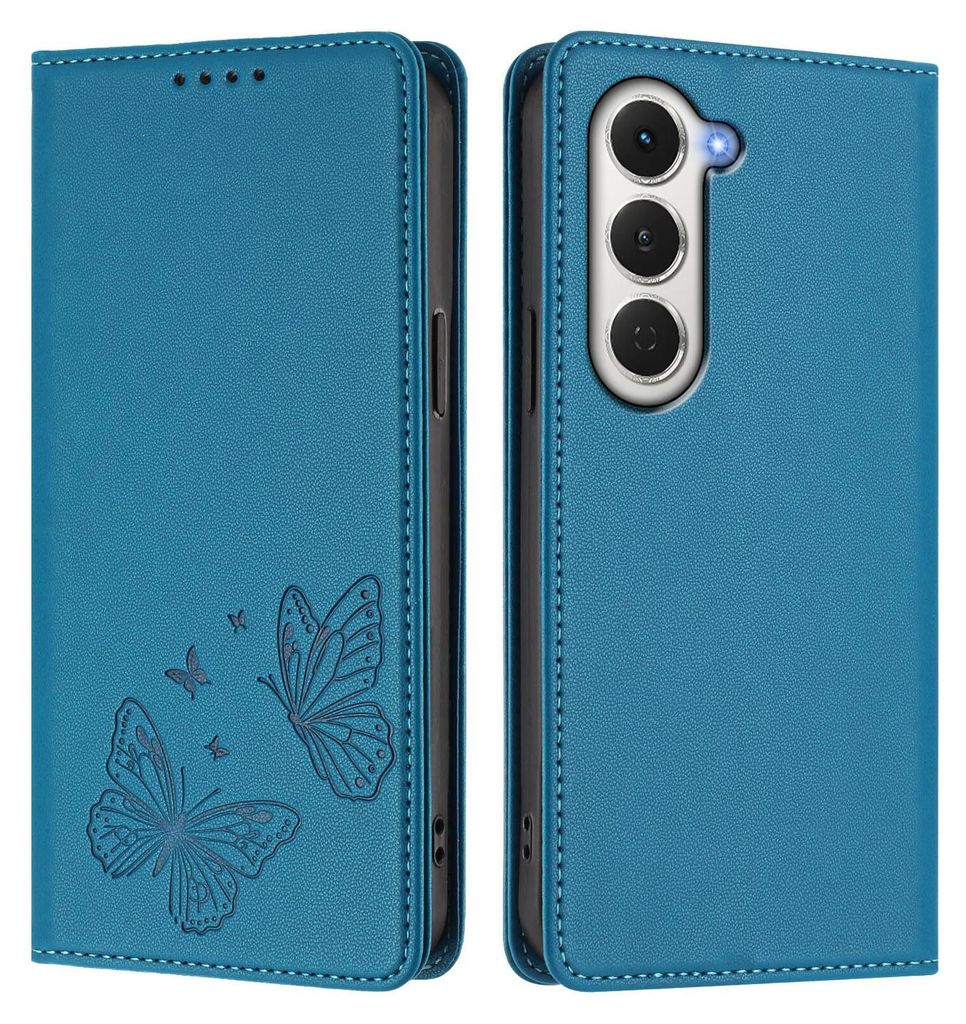Lederhülle für Tecno Spark 40 Pro, Schmetterling Prägung Leder Brieftasche Schutzhülle mit Ständer Blau