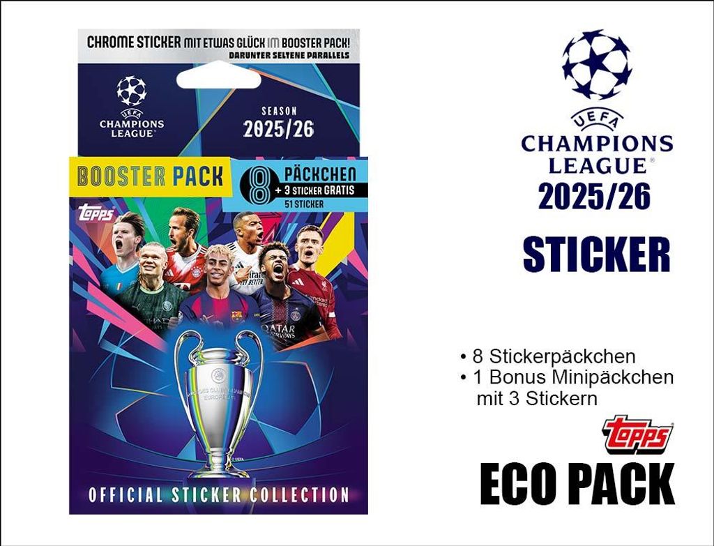A product package for UEFA Champions League 2025/2026 stickers, featuring player images and the Champions League trophy.