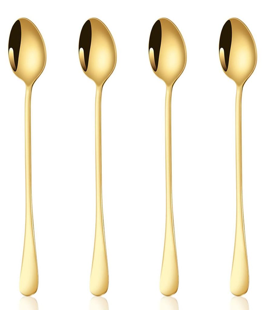 Stück Eistee-Löffel mit langem Griff, Cocktail-Rührlöffel, Kaffeelöffel aus Edelstahl (ovaler Löffelkopf), goldfarben, 19,5 x 3 cm