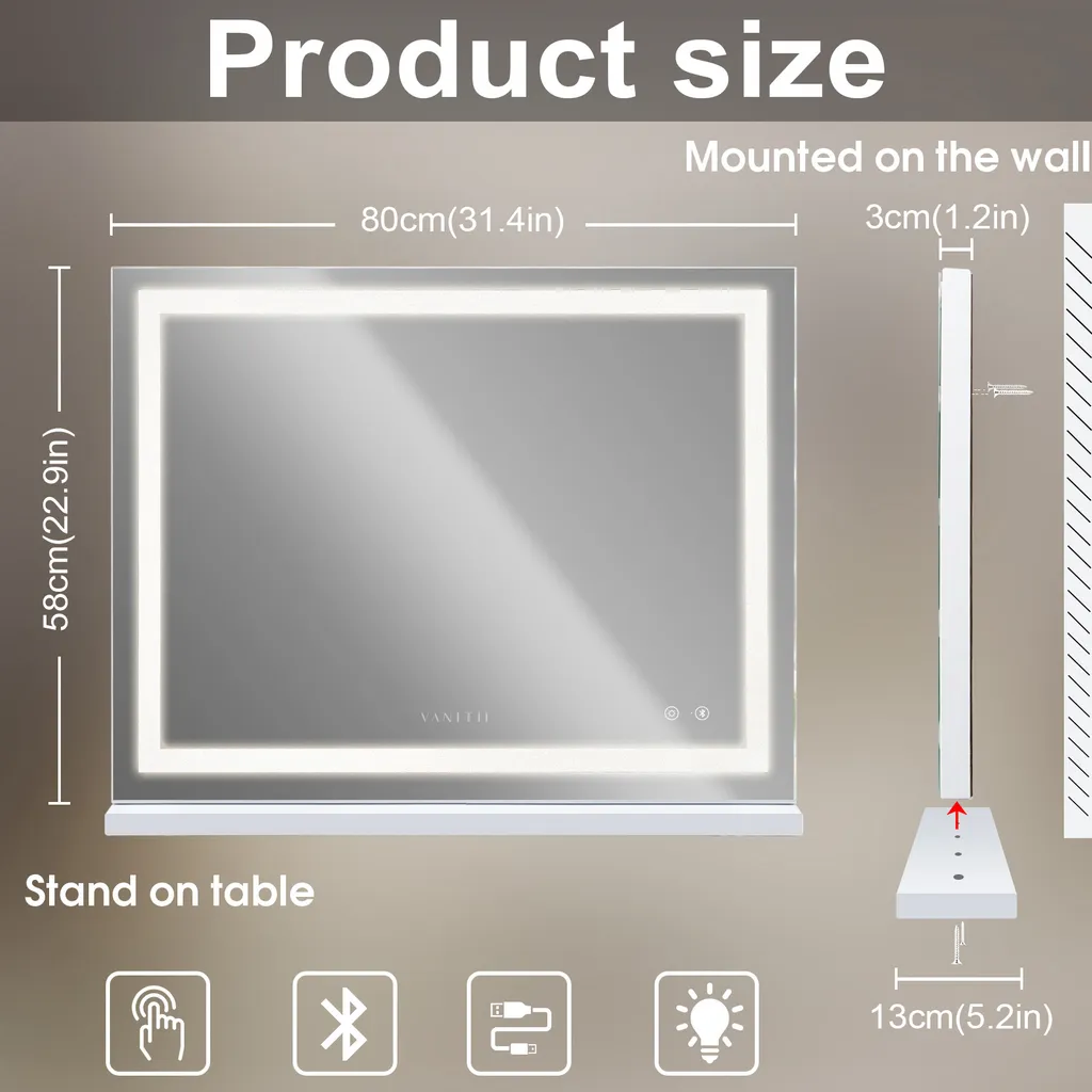 Specchio Trucco Professionale VANITII 80x58 LED Bluetooth Bianco - 9