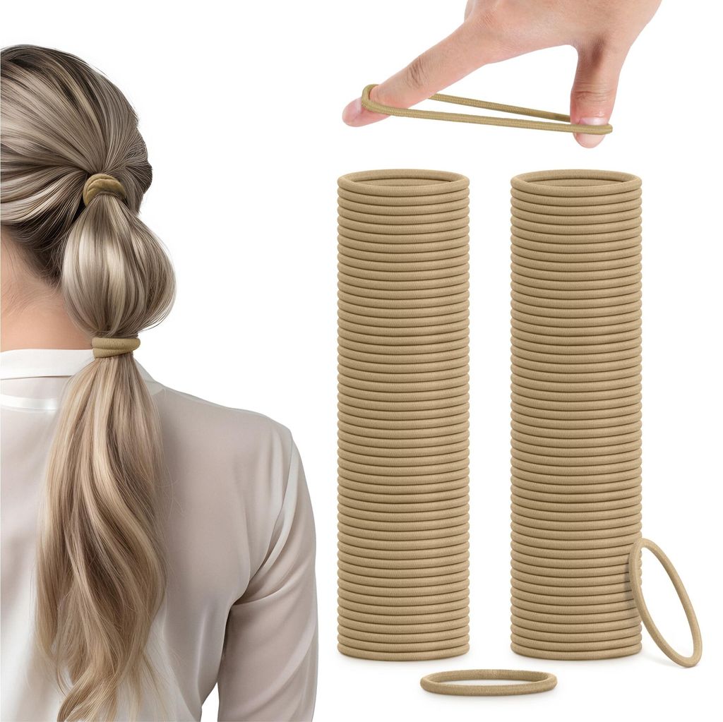H&S Haargummi Set für Mädchen Damen und Herren beige - 100 Stück Zopfgummis 4mm klein - dünne Haargummis - weich und elastisch - ohne Metall - ...