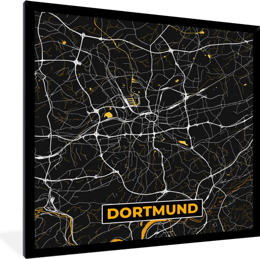 MuchoWow Gerahmtes Poster Dortmund - Gold - Deutschland - Karte - Stadtplan 40x40 cm - Poster mit Schwarzem Bilderrahmen Wandposter Rahmen Foto B...