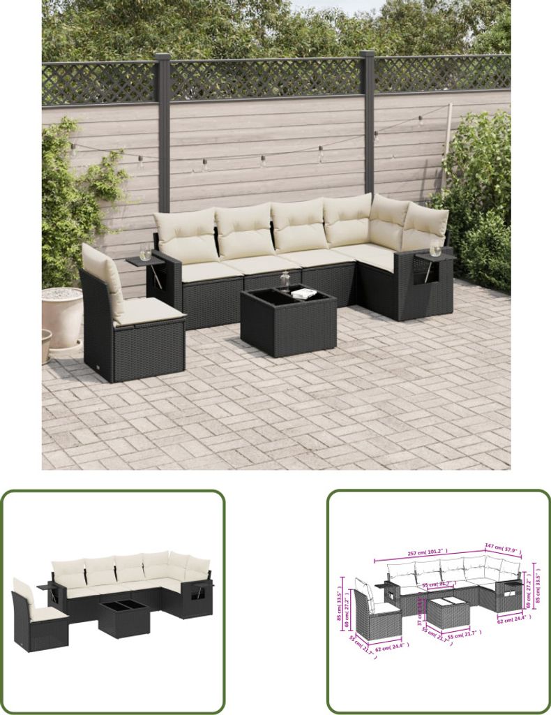 The Living Store 7-tlg. Garten-Sofagarnitur mit Kissen Schwarz Poly Rattan