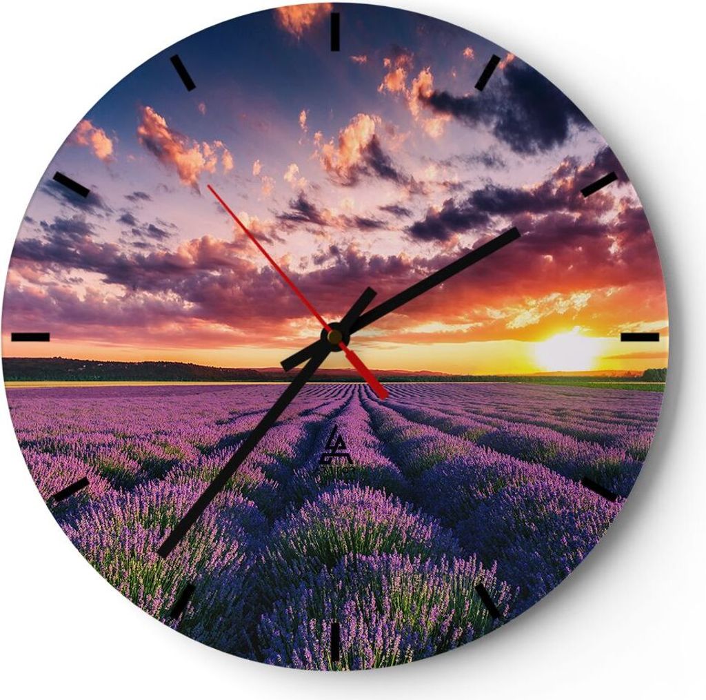 Wanduhr - Rund - Glasuhr - Lavendel Berge Feld - 30x30cm - Schleichendes Uhrwerk - Lautlos - zum Aufhängen bereit - Dekoration Modern - Wanddekora...