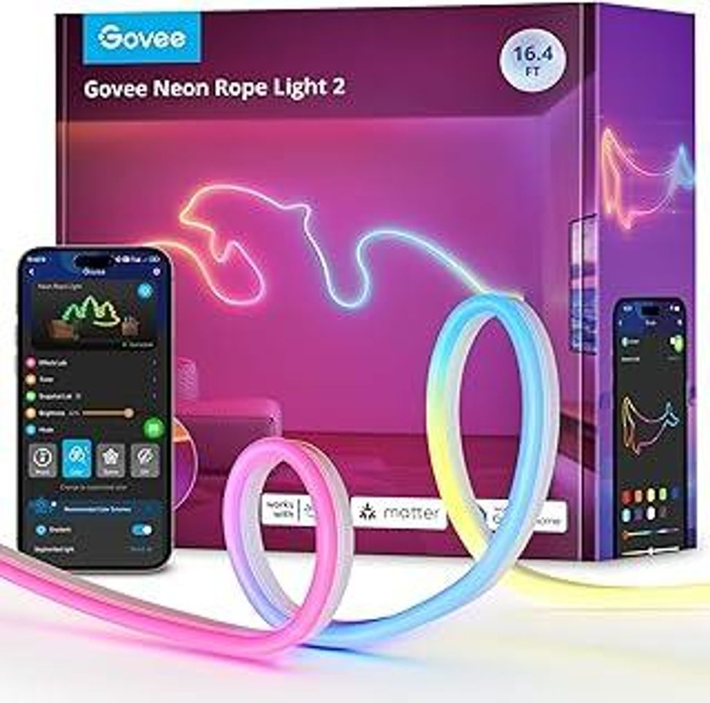 Govee Neon Rope Light 2, RGBIC Neon LED Strip 5m mit Form-Mapping, DIY Design, Kompatibel mit SmartThings, Matter, und Google Assistant, LED Streif...
