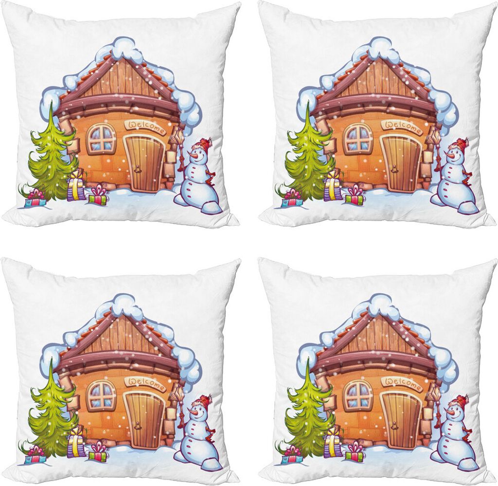ABAKUHAUS Weihnachten Kissenbezug Set (4 Stück), Karikatur-Haus, Moderner Doppelseitiger Digitaldruck, 50 cm x 50 cm, Caramel Grün Weiß
