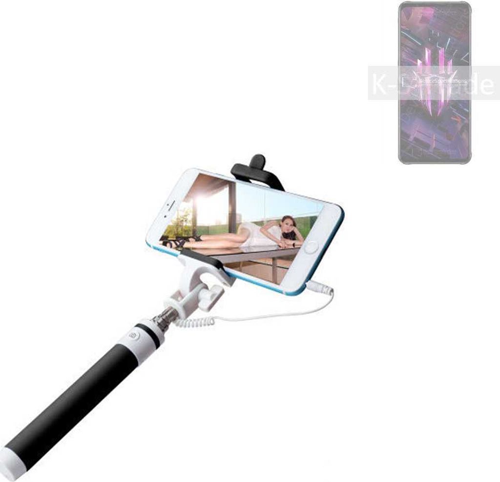 K-S-Trade Selfie Stick kompatibel mit nubia Red Magic 7S Selfiestick kabelgebunden Monopod mit Kabel Stab Stange Selfportrait Handheldstick schwarz