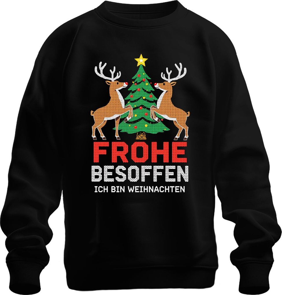 Frohe Besoffen Ich bin Weihnachten Lustig Rentier Strickoptik Uni Sweatshirt Pullover, Schwarz, M