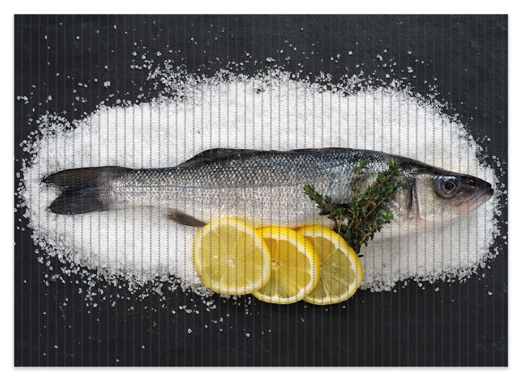 Wallario Duschmatte Antirutschmatte Badmatte Fußmatte Fischmenü - Frischer Fisch auf Salz mit Zitronen, Größe ca. 70 x 50 cm