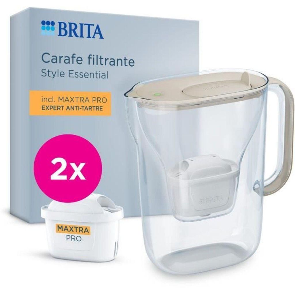 BRITA Filterkrug – Essential Sand Style – 2,4 l Fassungsvermögen, einschließlich 1,4 l gefiltertem Wasser – 2 Maxtra Pro Expert Anti-Kalk-F...