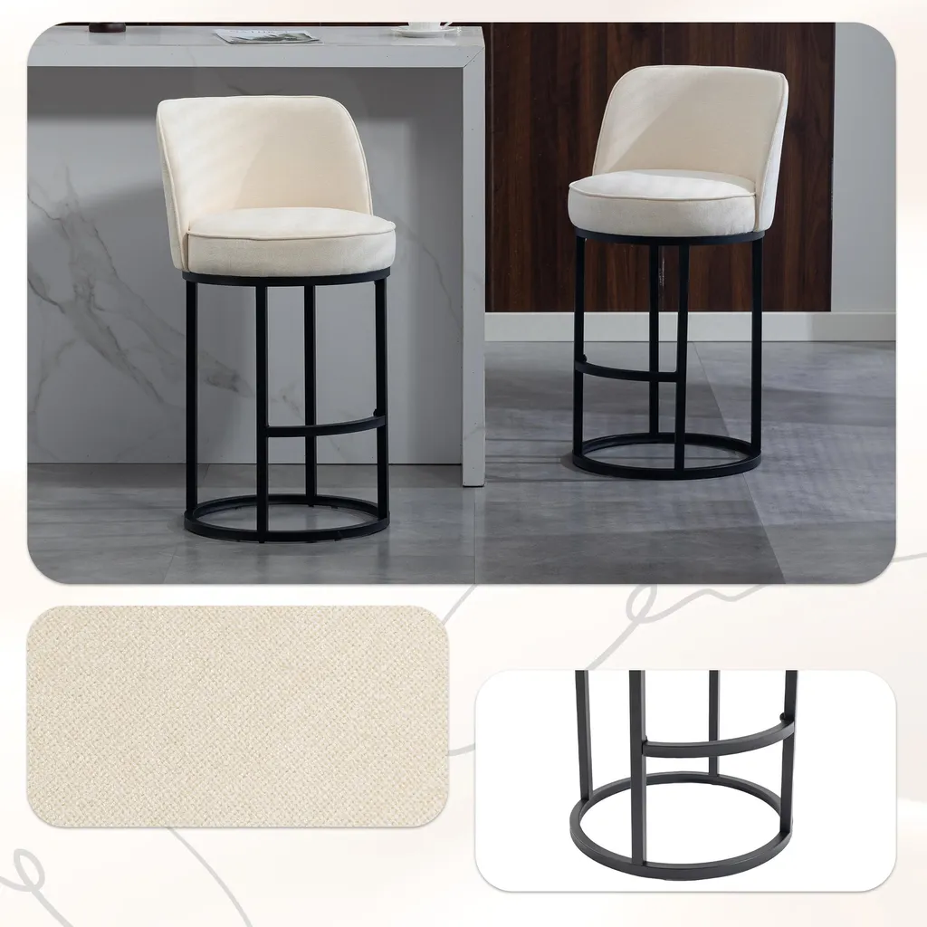 Lot de 2 Tabourets pour Îlot de Cuisine en Lin et Métal Noir Hauteur Variable