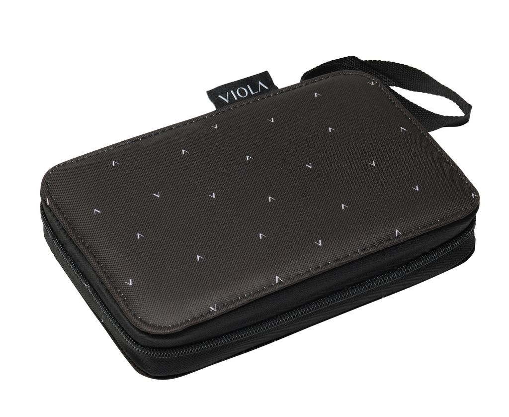 A dark gray sewing kit case with a small white triangle pattern and a black loop handle.