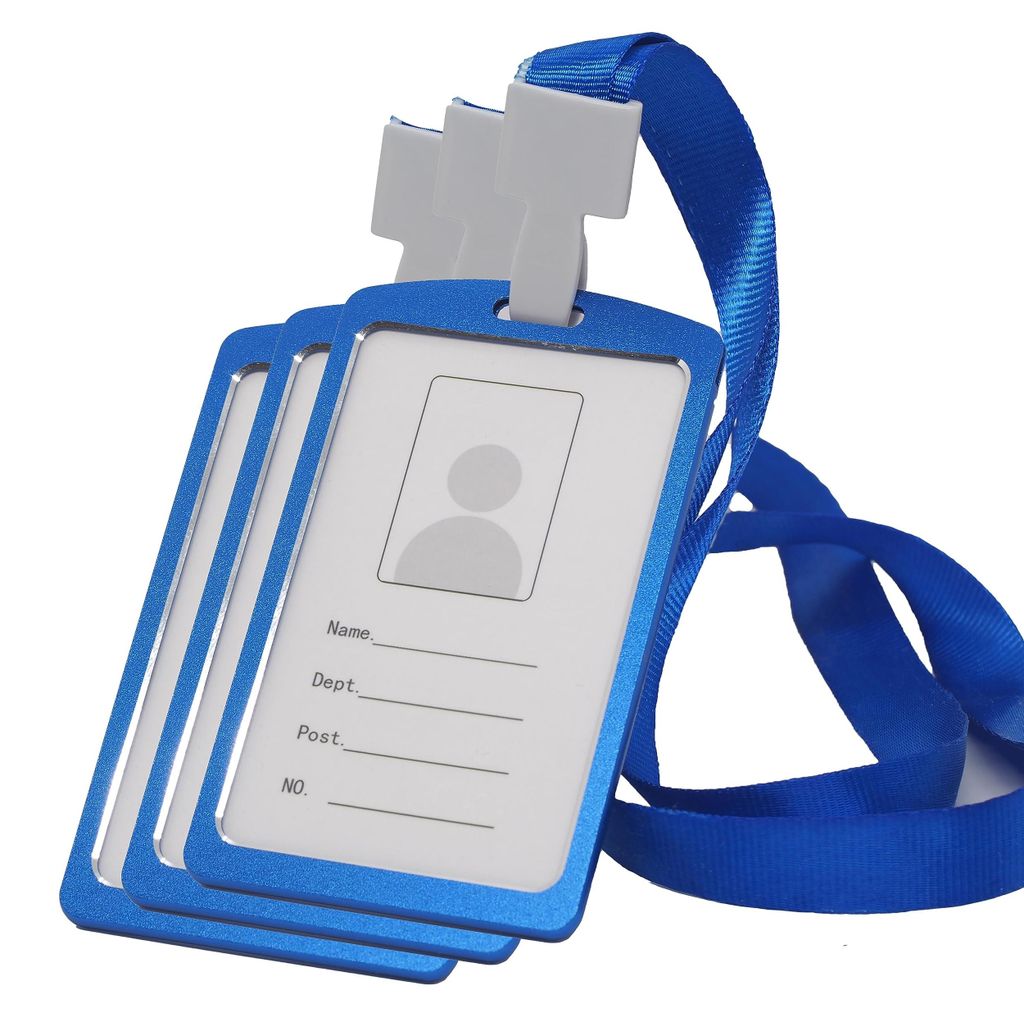 Set mit 3 Ausweishüllen aus Aluminium, Ausweishülle mit Umhängeband, robuste Ausweishülle aus Kunststoff (blau)