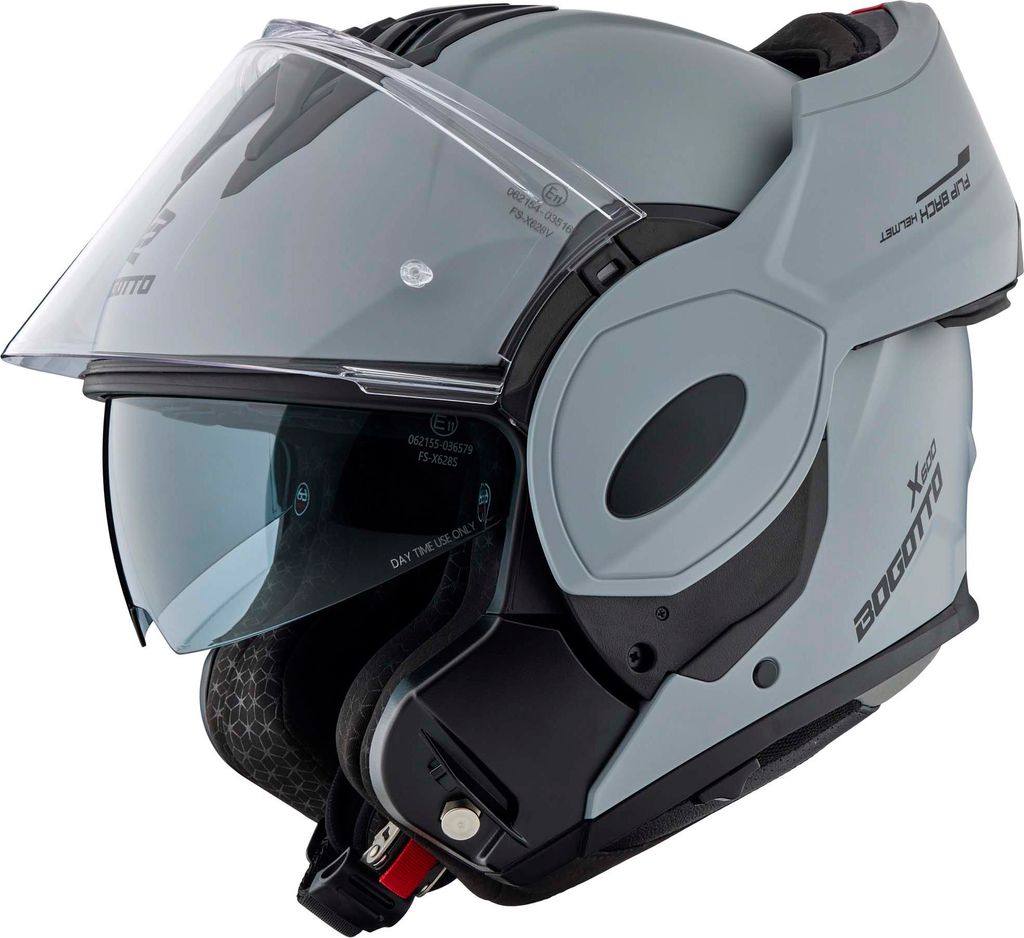 A grey matte Bogotto FS-X600 flip-up helmet is shown against a white background.