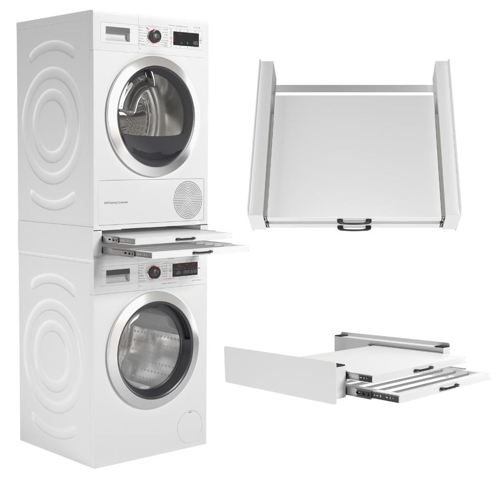 Wasophoogte Zwischenbaurahmen Waschmaschine Trockner mit Ausziehbarem Plateau und Trockenrack – Stapelkit für Waschmaschine und Trockner – U...